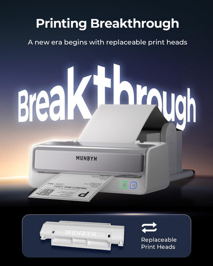 MUNBYN Bluetooth Thermische Labelprinter met Vervangbare Printkop en Etikethouder, Draadloze 4x6 Verzendlabelprinter voor Kleine Bedrijven, Compatibel met Mac, Windows, iPhone, Android, Chrome