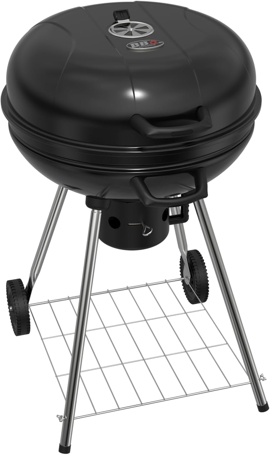 Draagbare houtskoolbarbecue, 22,5 inch ronde waterkoker met wielen, warmhoudrek, zwart, asverzamelaar