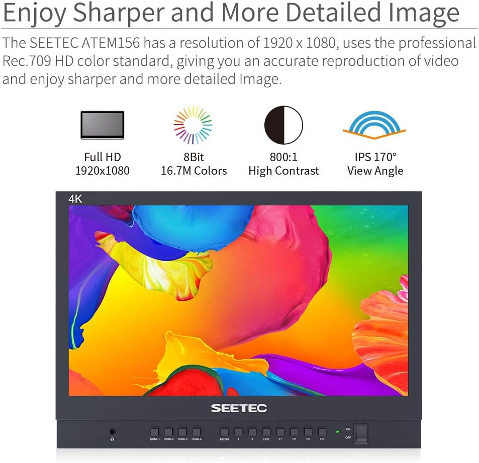 SEETEC ATEM156 15.6 Inch Live Streaming Broadcast Director Monitor with HD 1920x1080 IPS,Rec.709 Color Gamut,4 HDMI Input Quad Split Display for Studio Television Production - QUORE