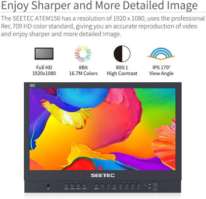 SEETEC ATEM156 15.6 Inch Live Streaming Broadcast Director Monitor with HD 1920x1080 IPS,Rec.709 Color Gamut,4 HDMI Input Quad Split Display for Studio Television Production - QUORE