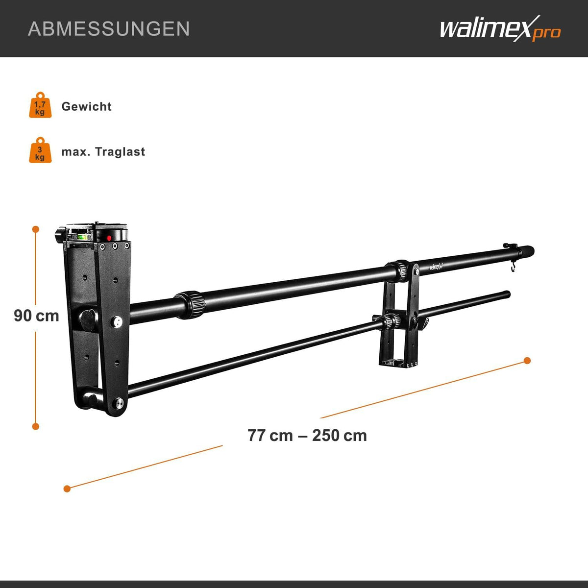 Camerakraan – Camera Jib, Jib Arm, Filmkraan, Boomarm – Incl. Contragewicht – Max. Lengte 200 Cm – Belastbaarheid Ca. 3 Kg