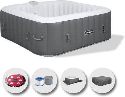 Whirlpool, opblaasbaar, vierkant, verwarmd, voor 4 personen, 145 x 145 x 65 cm, zeer stille pomp, grijs
