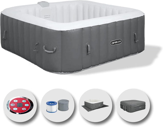 Whirlpool, opblaasbaar, vierkant, verwarmd, voor 4 personen, 145 x 145 x 65 cm, zeer stille pomp, grijs