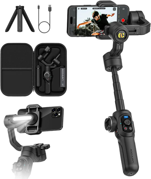 AOCHUAN Professionele cardanische stabilisator voor smartphone, ingebouwde 18 cm verlengstang en krachtig vullicht, 360 ° inceptie, Face&Object Tracking Stabilizer, 3-assige gimbal voor iPhone en