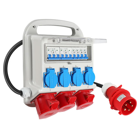 Stroomverdeler bouwstroomverdeler, 2xCEE 400V/16A 1xCEE 400V/32A 4x230V, bouwverdeler met stroomschakelaars, met 1,2 meter voedingskabel, voor bouwplaatsen