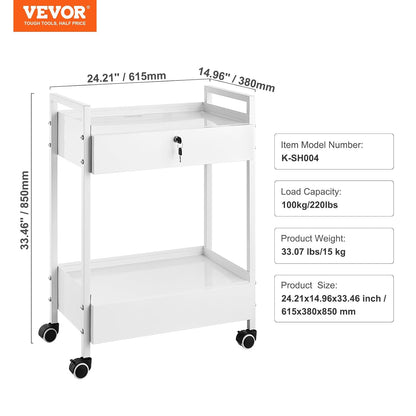 VEVOR Laboratoriumwagen met 2 niveaus, medische trolley van roestvrij staal, serveerwagen, grote draagkracht 100 kg, met 2 laden, voor laboratorium, salon, ziekenhuis, tandgebruik, wit