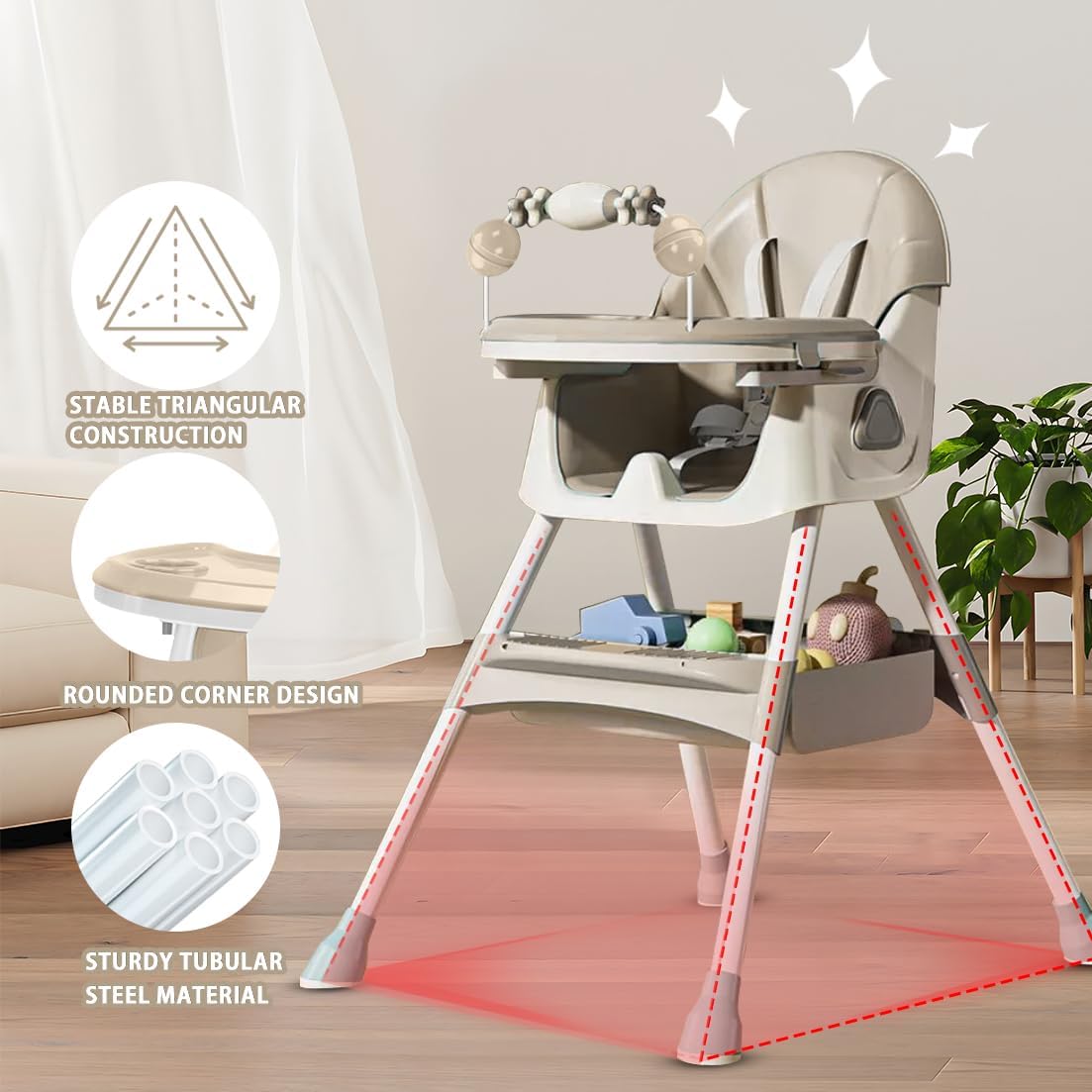 Opvouwbare Kinderstoel - Met Grote Antislipmat en Speelgoedrek - 6 Maanden en zouder - Khaki