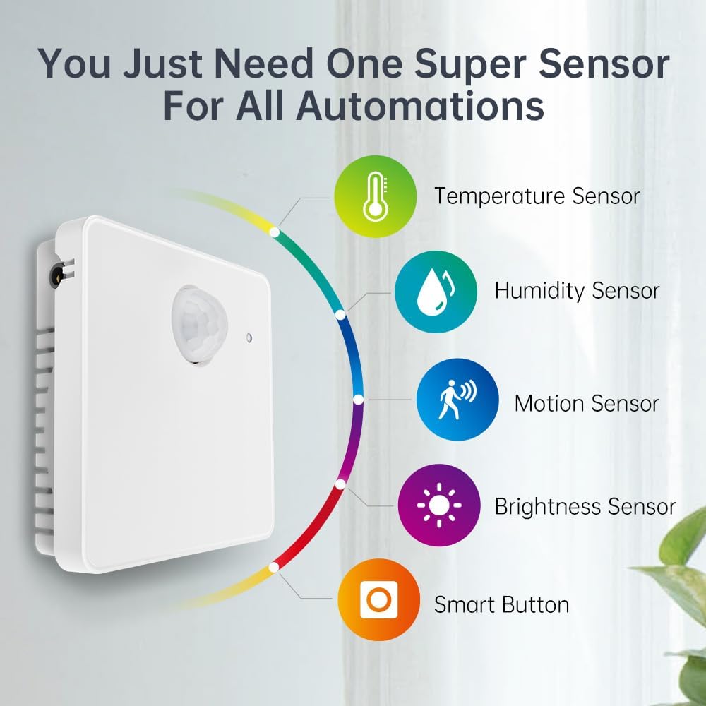 5-in-1 slimme multisensor, temperatuur en vochtigheid, PIR-bewegingssensor, helderheidssensor en schakelknop voor automatisering, batterijvoeding