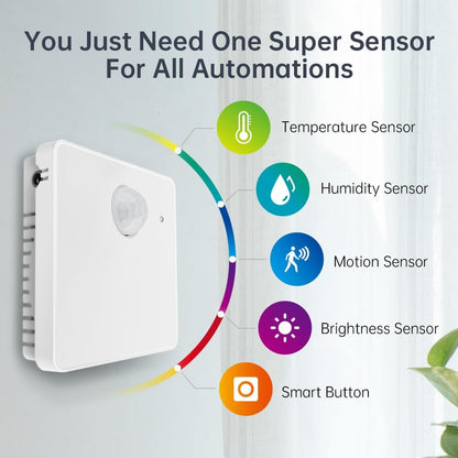 5-in-1 slimme multisensor, temperatuur en vochtigheid, PIR-bewegingssensor, helderheidssensor en schakelknop voor automatisering, batterijvoeding