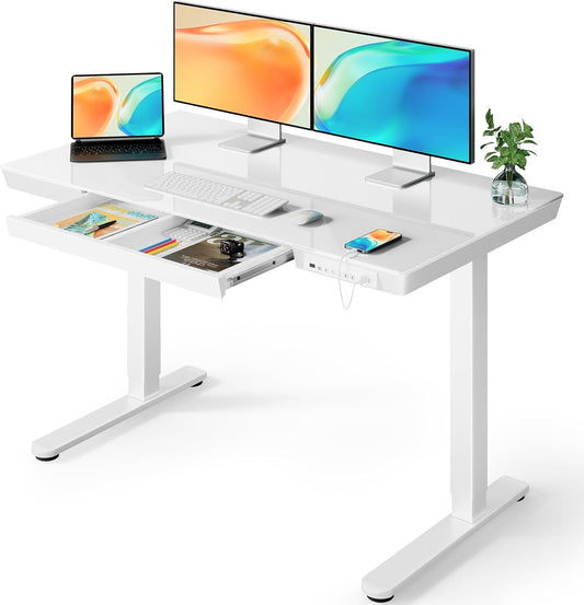 ErGear Electric Standing Desk, 120x60cm Glass Height Adjustable Standing Desk with Drawer and 2 Charging Ports, 3 Memory Stand Desk for Home Office (Glass White Top + White Frame) - QUORE
