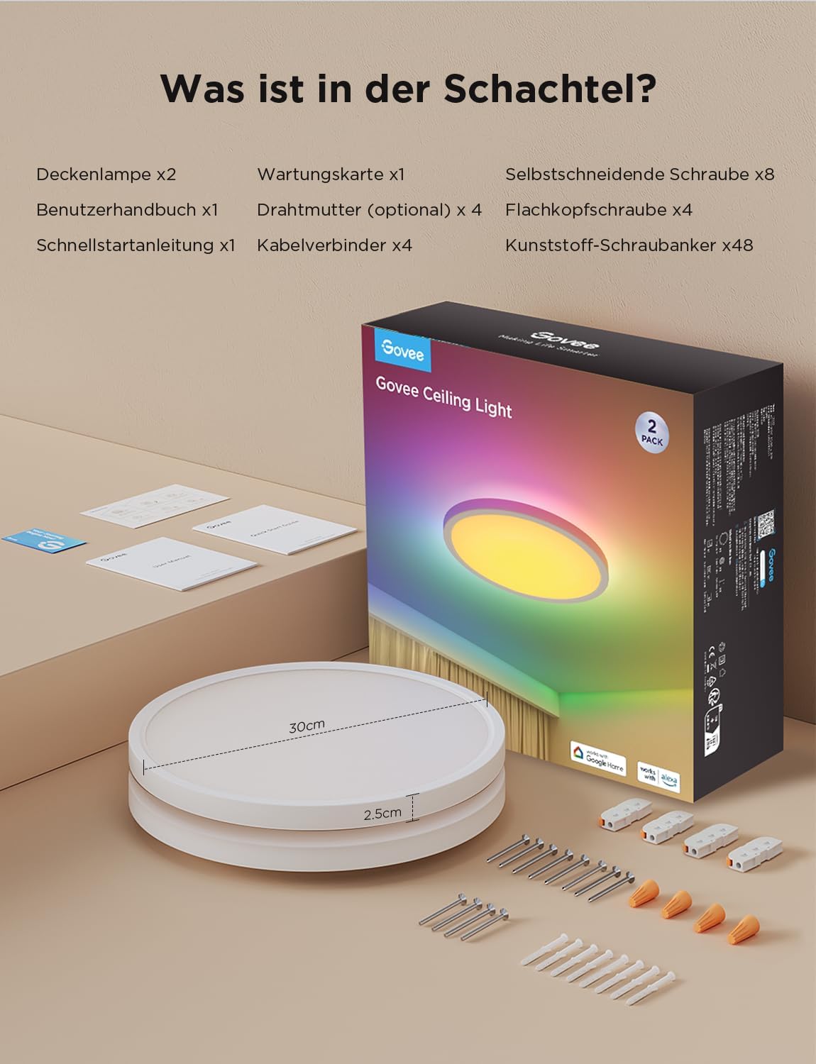 Govee Plafondlamp RGBIC Smart, 24 W, diameter 30 cm, dimbaar, led-plafondlamp, met 16 miljoen doe-het-zelf kleuren, werkt met Alexa en Google Assistant, plafondverlichting voor slaapkamer, 2 stuks