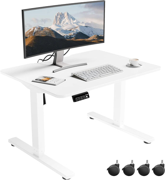 ERGOMAKER Electric Standing Desk 80x60cm, Low Height 48-75cm, Height Adjustable Desk with Wheels and Hooks, Sit-Stand Table with Memory Function for Working from Home, White - QUORE
