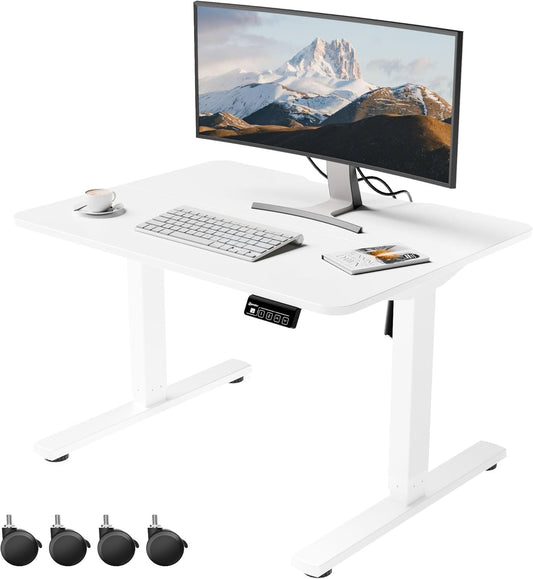 ERGOMAKER Elektrisch sta-bureau 80x60 cm, lage hoogte 48-75 cm, in hoogte verstelbaar bureau met wieltjes en haken, zit-sta-tafel met geheugenfunctie voor thuiswerken, Wit
