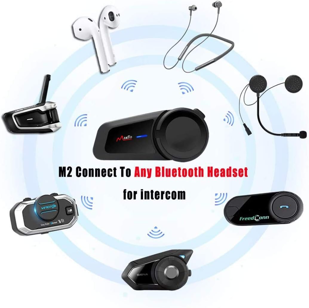 QSPORTPEAK Motorhelm Bluetooth Headset Communicatiesystemen Kit, 2 stks M2 1000M 6 Rijders Helm Bluetooth Intercom met Ruisonderdrukking, BT5.0/FM Radio/Siri/Universele koppeling/Waterdicht