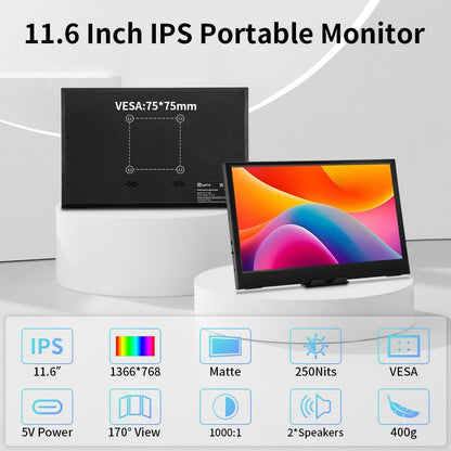 Portable Monitor 11.6 Inch HD IPS – USB-C & HDMI Second Screen for Laptop, Mac and PC, Lightweight External Monitor for Work, Travel and Home Office - QUORE