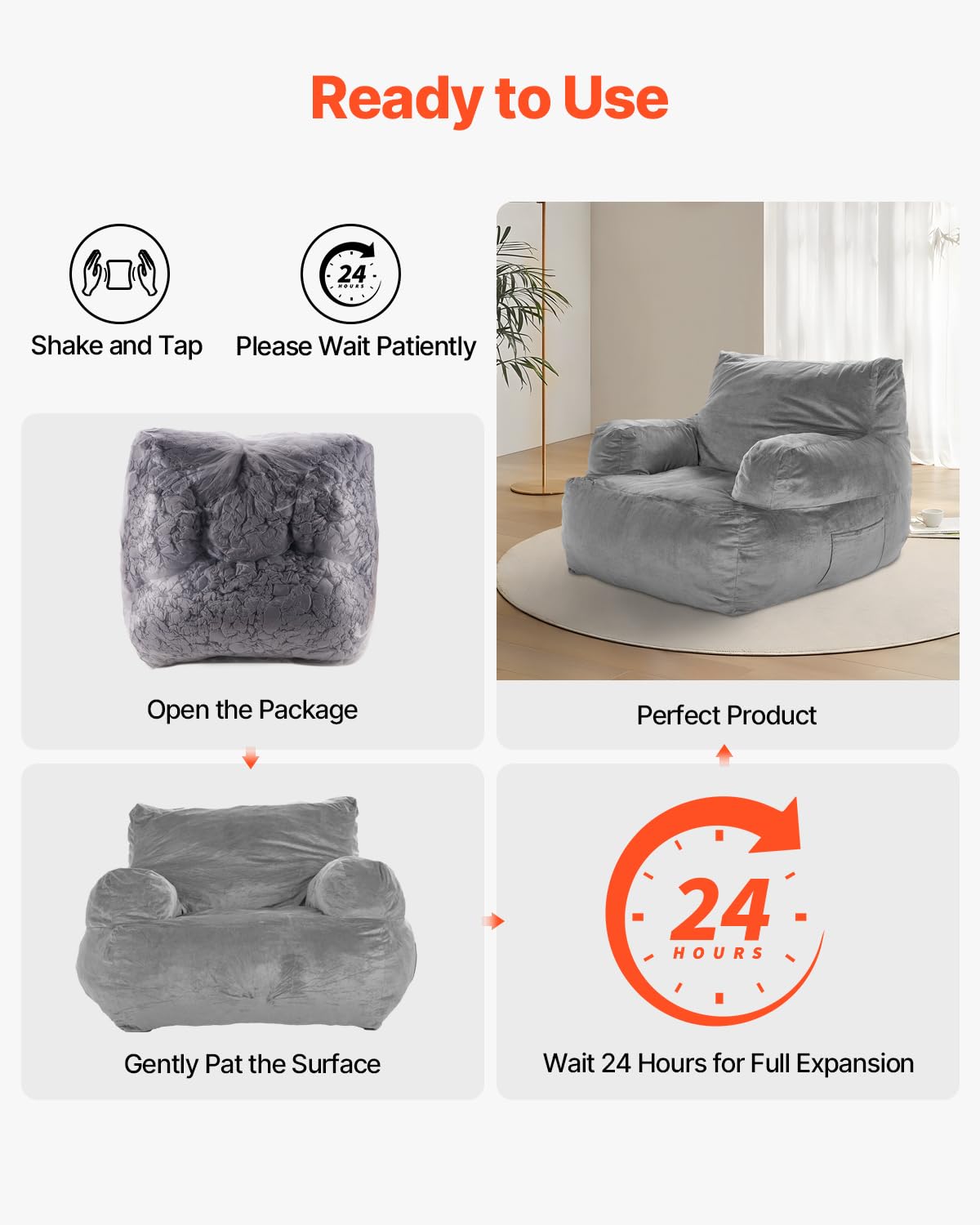 VEVOR Zitzak sofasstoel (1118 x 1143 x 780 mm) met armleuningen voor volwassenen, pluizige pluche en schuimvulling met hoge dichtheid, zitzak met taper, lazy-bank voor slaapkamer, grijs