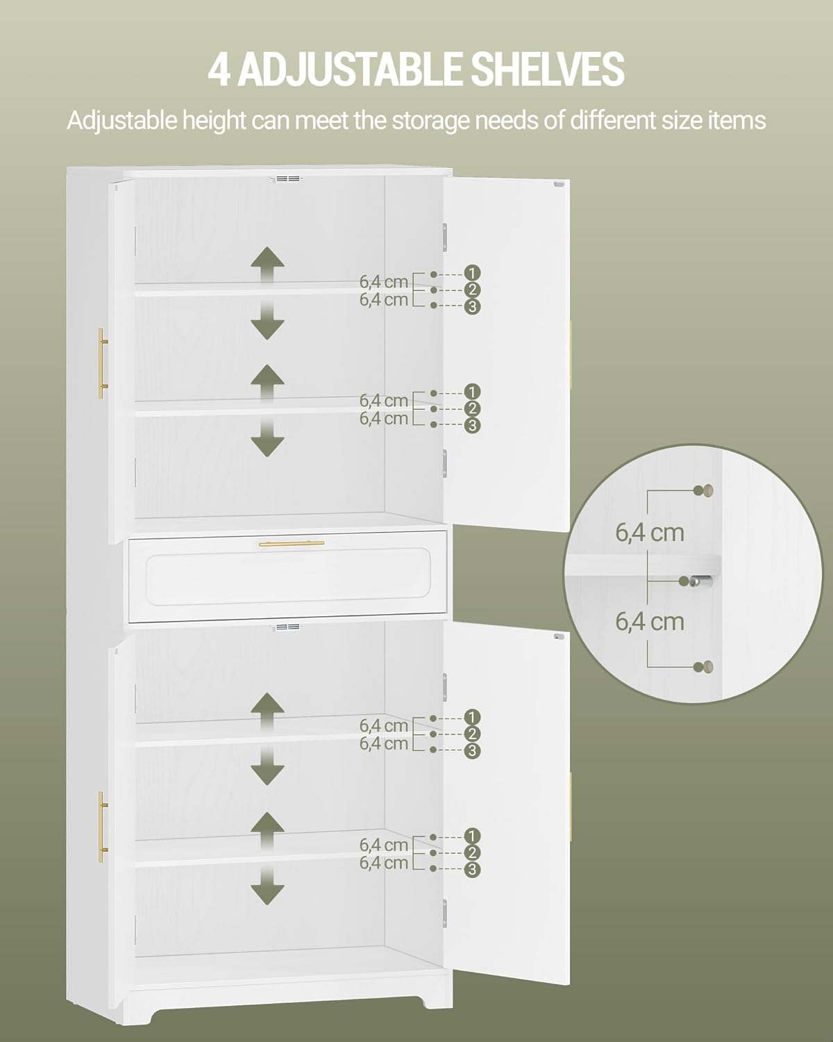 Hzuaneri High Dresser with 4 Doors, Kitchen Cabinet with Drawer, Adjustable Shelf, for Living Room, Kitchen, Dining Room, 40 x 75 x 181 cm, White PT18103XEU