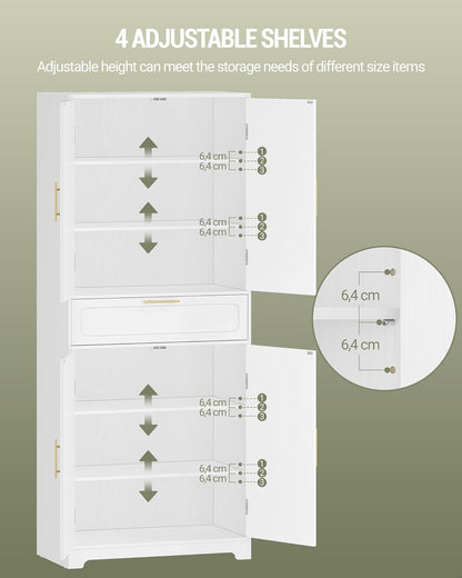 Hzuaneri High Dresser with 4 Doors, Kitchen Cabinet with Drawer, Adjustable Shelf, for Living Room, Kitchen, Dining Room, 40 x 75 x 181 cm, White PT18103XEU