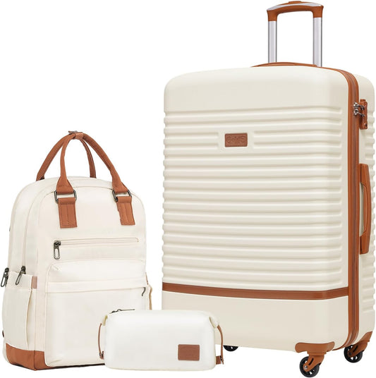 COOLIFE Koffer trolley koffer reiskoffer van ABS hard shell trolley 4 wielen TSA-slot De koffer bevat 1 reisrugzak en 1 toilettas, wit/bruin., 3-Piece Set - Large, Klassiek