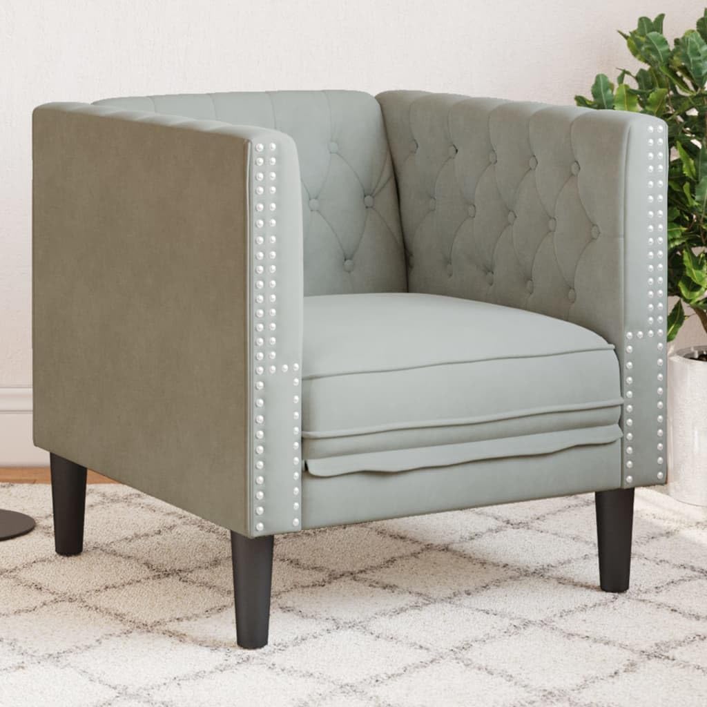 Chesterfield-fauteuil, lichtgrijs, fluweel, comfortabele gestoffeerde stoel met knoopstiksels en steunpoten voor woonkamer ontspanning