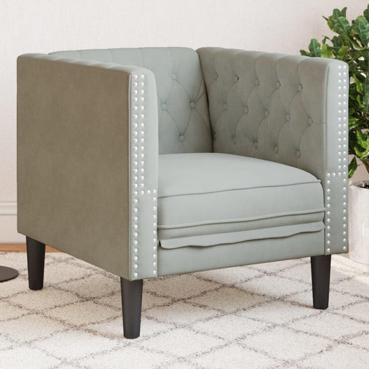 Chesterfield-fauteuil, lichtgrijs, fluweel, comfortabele gestoffeerde stoel met knoopstiksels en steunpoten voor woonkamer ontspanning