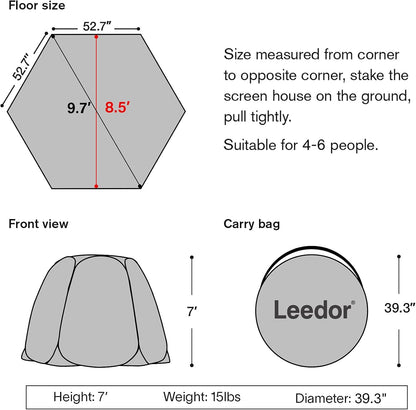 LEEDOR Pop-up gaas-tent voor 4-6 pers. Paviljoen, afgeschermde kamer met muskietengaas, uv-bescherming, draagtas, perfect voor tuin, terras of camping, beschermt tegen zon en insecten, 3 x 3 m