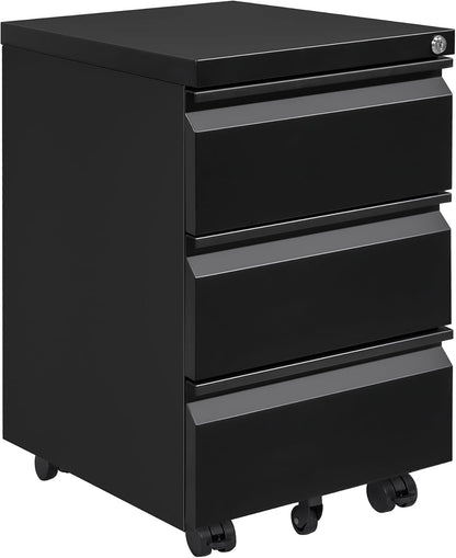 Rolcontainer, mobiele archiefkast met slot, 4 sleutels, 3 laden, kantoorkast van metaal, al voorgemonteerd, voor kantoor, thuiskantoor, zwart