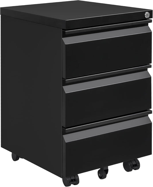 Rolcontainer, mobiele archiefkast met slot, 4 sleutels, 3 laden, kantoorkast van metaal, al voorgemonteerd, voor kantoor, thuiskantoor, zwart