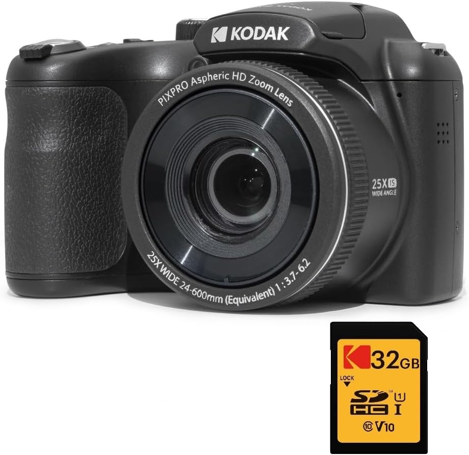 KODAK Pixpro Astro Zoom AZ255 + SD-geheugenkaart 32 GB - 16 MP digitale bridge camera, 25 x zoom, 1080p HD-video, 24 mm groothoek, LCD-display 3, AA-batterij, zwart
