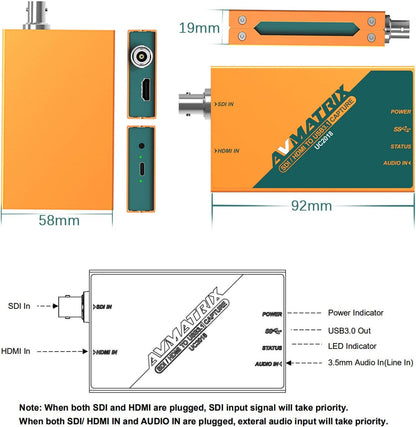 AVMATRIX Externe SDI/HDMI naar USB 3.0 (Gen1) 1080P60 ongecomprimeerd (YUY2) Streaming Capture met Line in voor videoconferenties, telegeneeskunde, kantoor, OBS, zoom, teams, pc/Mac (EUUC2018)