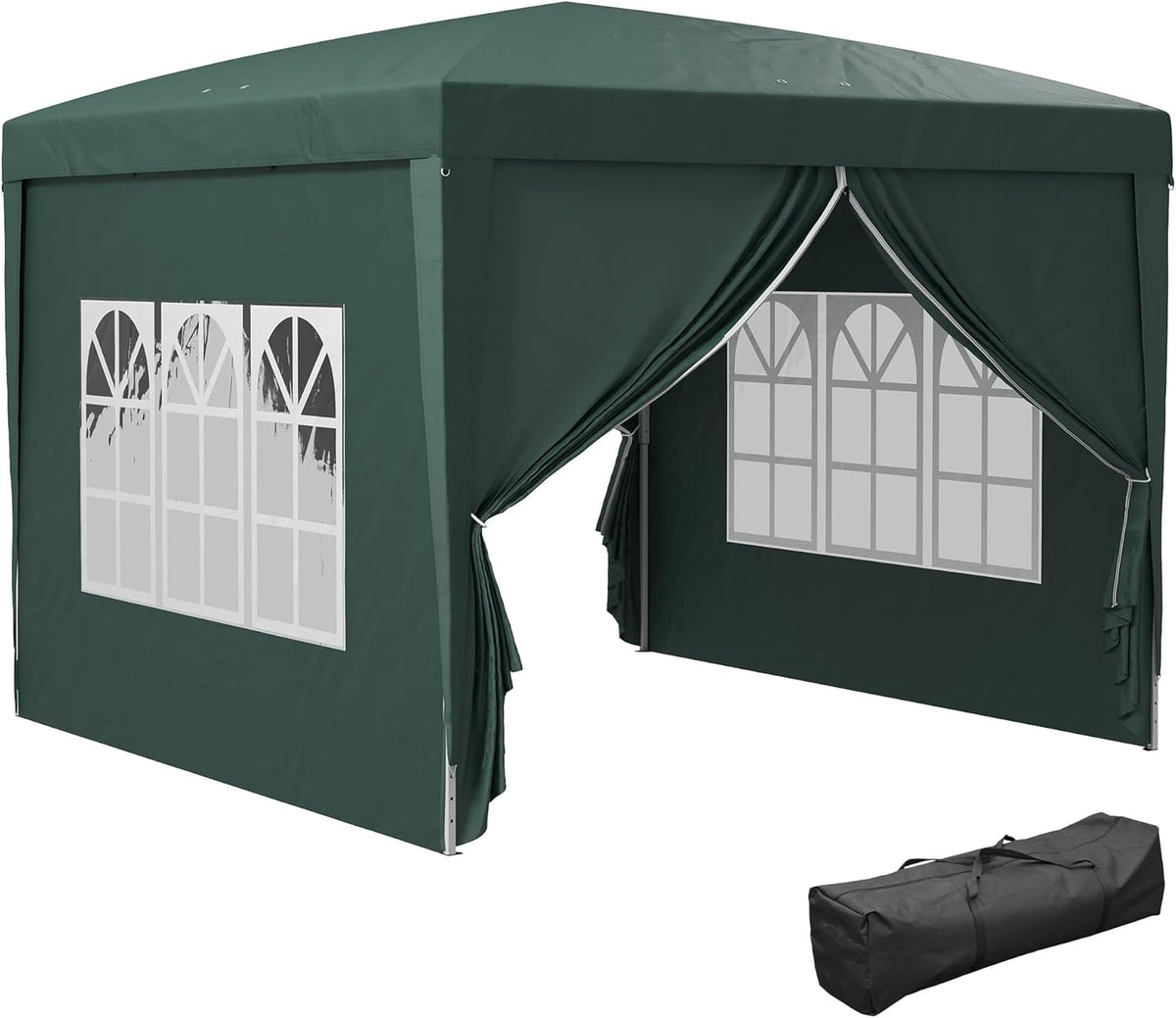 Outsunny Folding Pavilion approx 3 x 3 m - Pavilion with 4 side walls, windows, marquee with UV protection, gazebo including carry bag - for garden, terrace, steel Oxford, green - QUORE