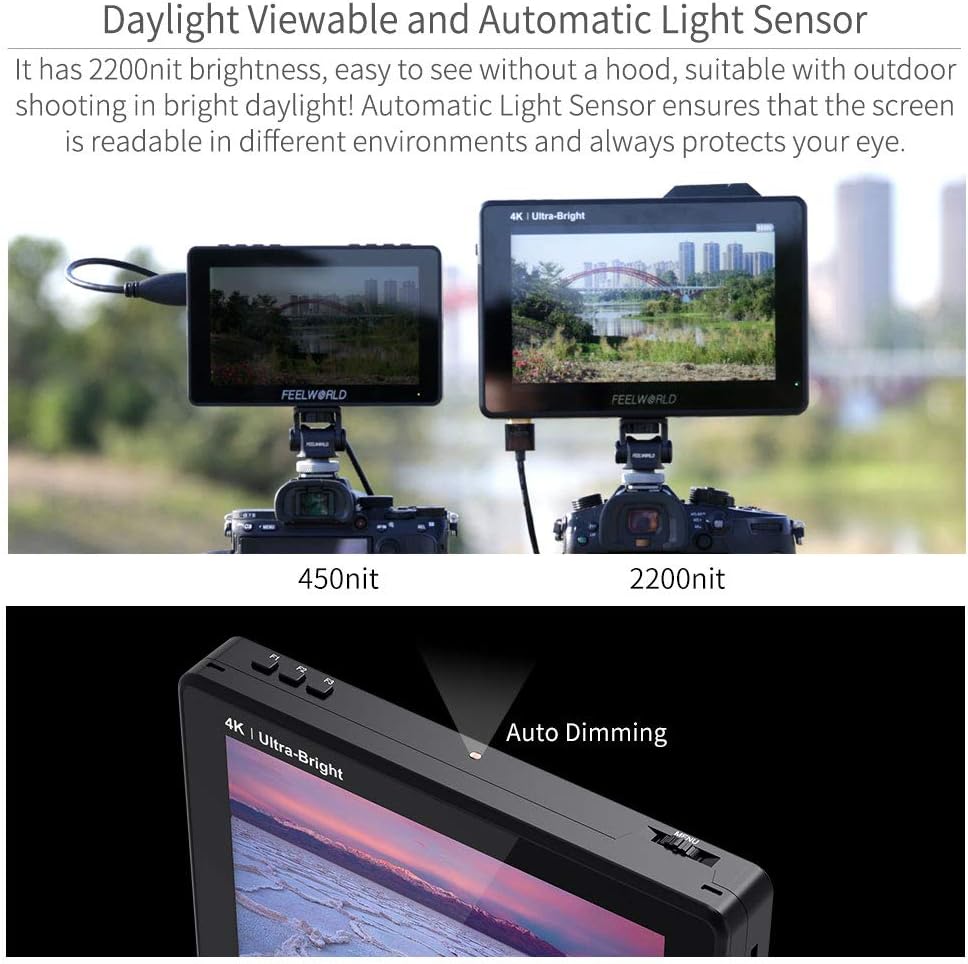 FEELWORLD LUT7S PRO 7 Inch 2200Nits Camera Field Monitor 4K HDMI TouchScreen Video Monitor with Light Sensor,3D LUTs,1920X1200 IPS,HDR Waveform,F970 External Installation Package,3G-SDI & 4K HDMI Loop Out - QUORE