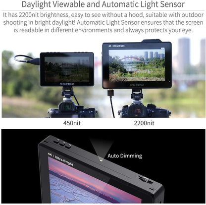FEELWORLD LUT7S PRO 7 Inch 2200Nits Camera Field Monitor 4K HDMI TouchScreen Video Monitor with Light Sensor,3D LUTs,1920X1200 IPS,HDR Waveform,F970 External Installation Package,3G-SDI & 4K HDMI Loop Out - QUORE