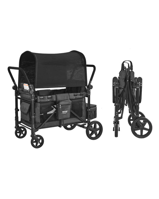 VEVOR Wagon Kinderwagen voor 4 kinderen, Push Pull Quad Opvouwbare Kinderwagen met Verstelbare Handvat, Veiligheidsharnas & Afneembare Luifel, 4-zits Kinderwagen voor Camping, Donkergrijs & Zwart (350