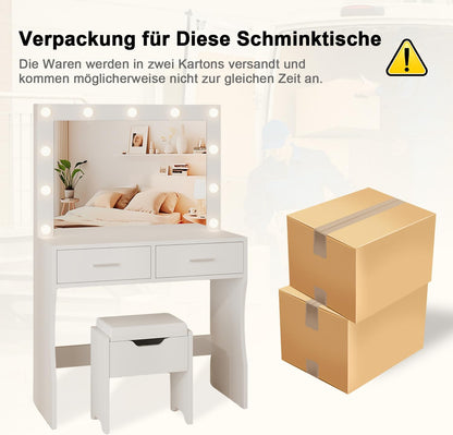 JUMMICO Grote kaptafel met ledverlichting en spiegel, 74 x 52 cm, instelbare helderheid en kleurtemperatuur, make-uptafel met 11 ledgloeilampen, wit