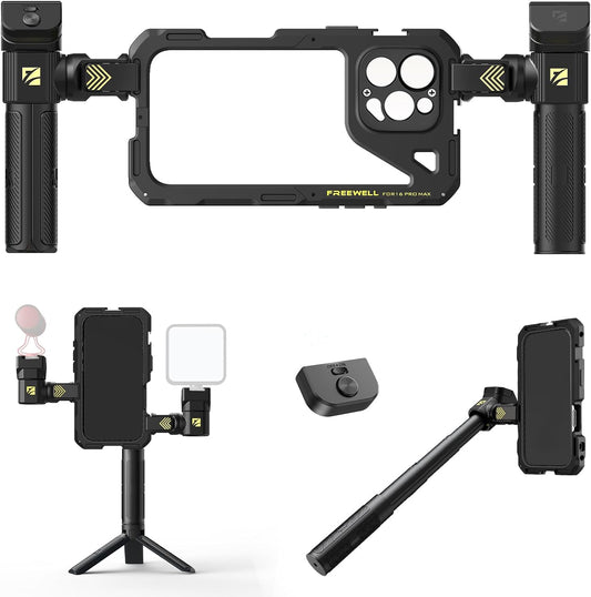 Freewell Genius Rig Cage voor iPhone 16 Pro Max - gereedschapsvrije installatie, multifunctioneel statief en monopod handgrepen, Bluetooth-afstandsbediening