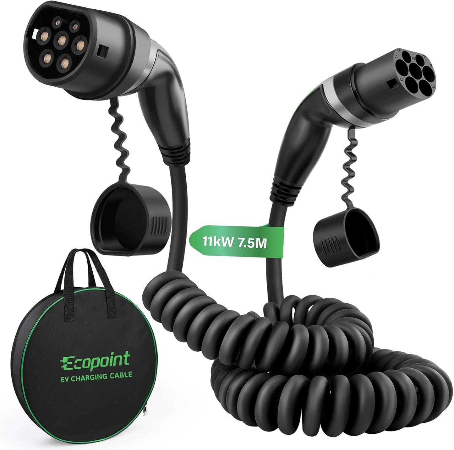11 kW Type 2 Oplaadkabel – EV-kabel – Laadkabel Elektrische Auto – Mennekes Oplader – 3-fasen 16A Kabel – 7,5 Meter Spiraalkabel – Vuurvast TPU Materiaal – IP55 Waterdicht