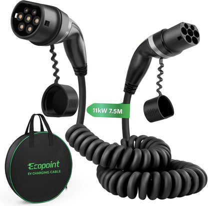 11 kW Type 2 Oplaadkabel – EV-kabel – Laadkabel Elektrische Auto – Mennekes Oplader – 3-fasen 16A Kabel – 7,5 Meter Spiraalkabel – Vuurvast TPU Materiaal – IP55 Waterdicht