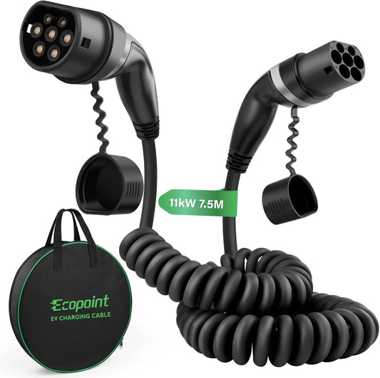 11 kW Type 2 Oplaadkabel – EV-kabel – Laadkabel Elektrische Auto – Mennekes Oplader – 3-fasen 16A Kabel – 7,5 Meter Spiraalkabel – Vuurvast TPU Materiaal – IP55 Waterdicht