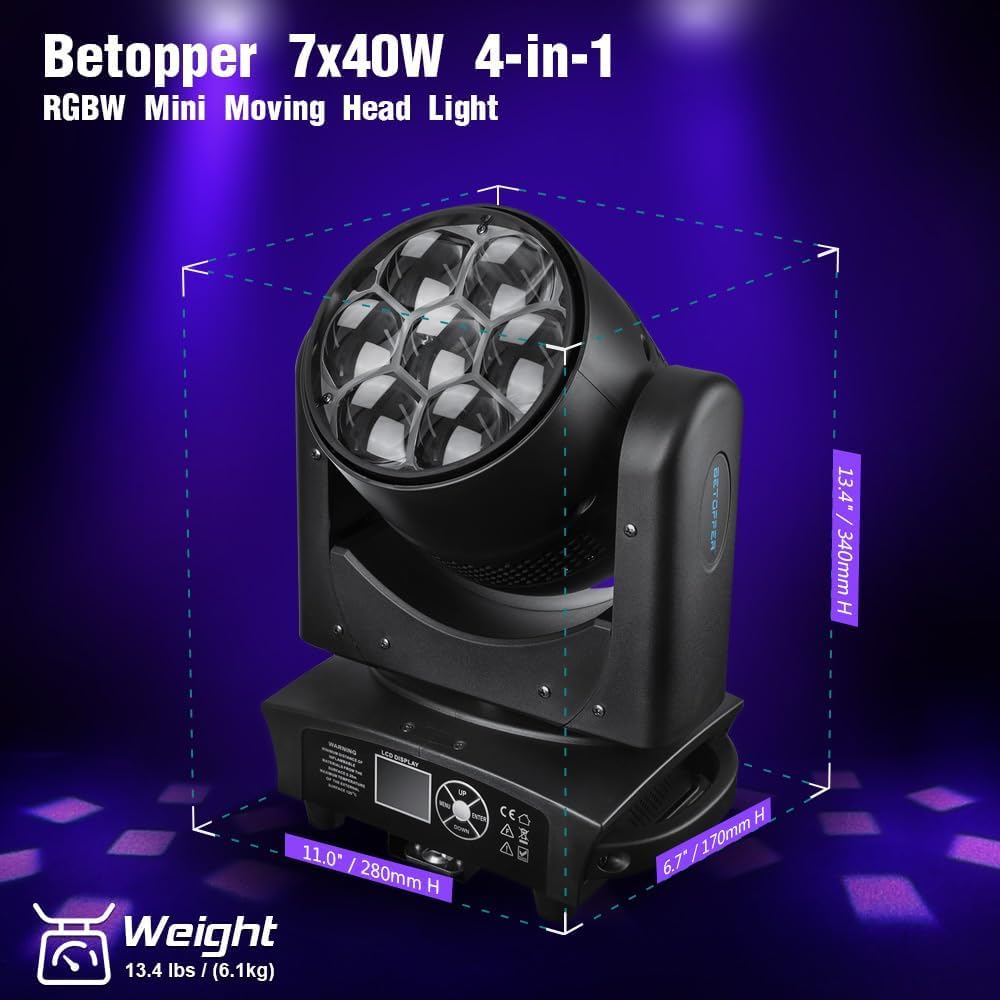 BETOPPER Moving Head discolicht partylicht 7x40W LED Beam / Wash / Zoom / Dazzle / Strobe Effect RGBW 4in1 discobal Big Bee Eye podiumschijnwerper CTO Mode DMX DJ licht (1S)