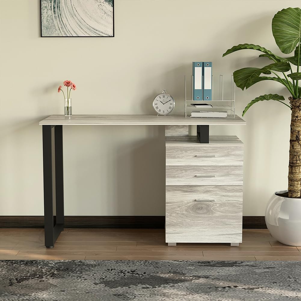 BAKAJI Scrivania Con cassettiera Bureau met lade, computertafel, staal, hout, kantoor grijs, Unica