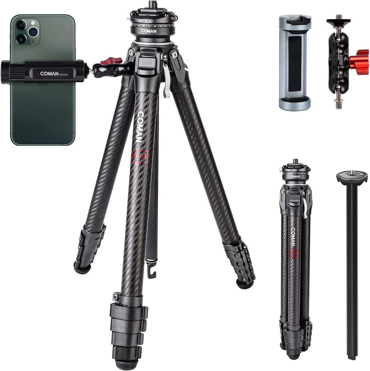COMAN Zero F38 koolstofvezel statief met 360° panoramische kogelkop en F38 videostatief voor DSLR-camera's, lichtgewicht met hoogte