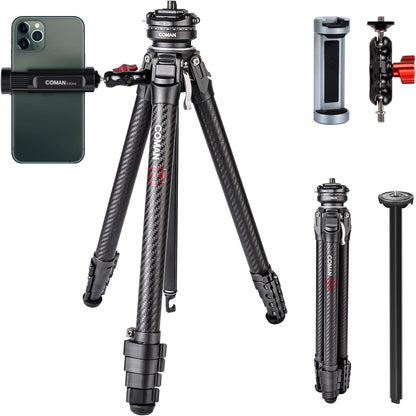 COMAN Zero F38 koolstofvezel statief met 360° panoramische kogelkop en F38 videostatief voor DSLR-camera's, lichtgewicht met hoogte