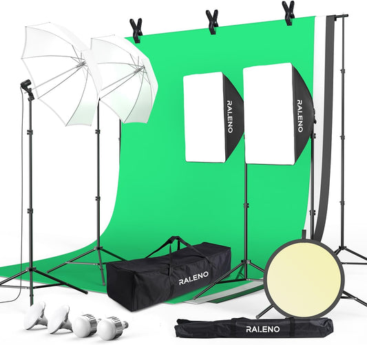 Fotografieverlichtingsset – Fotostudio Set, Studioverlichtingsset, Achtergrondset, Greenscreen Set – 2,6 x 3 M Verstelbare Achtergrondstandaard Met Groen Scherm – 190 W LED-Softboxen En Paraplu’s, 5500 K, 97 CRI