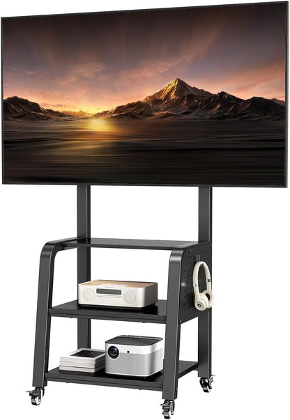 TV-vloerstandaard voor 32 tot 65 inch LED/LCD/OLED-tv's, rollende tv-kar met 3-laags mediaplank, 3 niveaus in hoogte verstelbaar ontwerp, houdt 110 lbs, max. VESA 600 x 400 mm