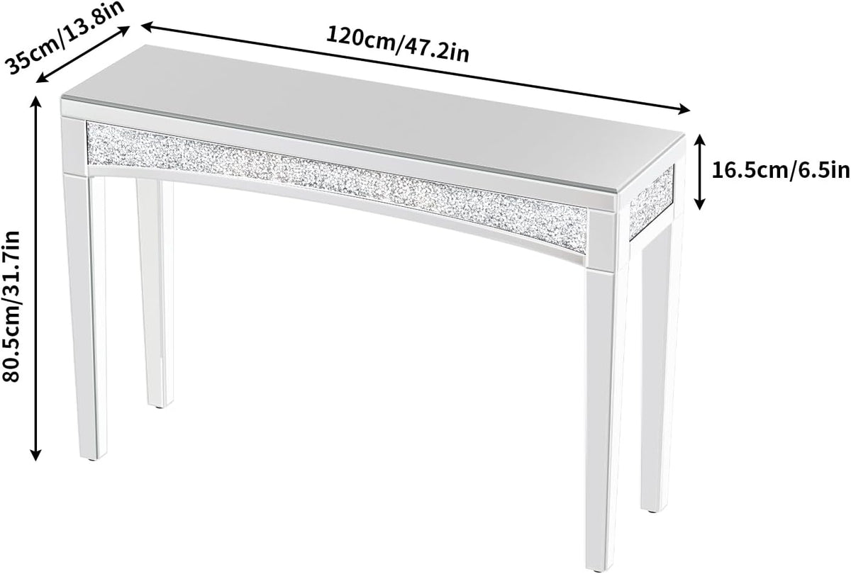 Consoletafel met spiegeloppervlak: 120 x 35 x 80 cm, moderne zilveren haltafel van glas met glanzende diamanten, luxe decoratie voor hal, kaptafel, woonkamer, slaapkamer