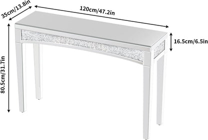 Consoletafel met spiegeloppervlak: 120 x 35 x 80 cm, moderne zilveren haltafel van glas met glanzende diamanten, luxe decoratie voor hal, kaptafel, woonkamer, slaapkamer