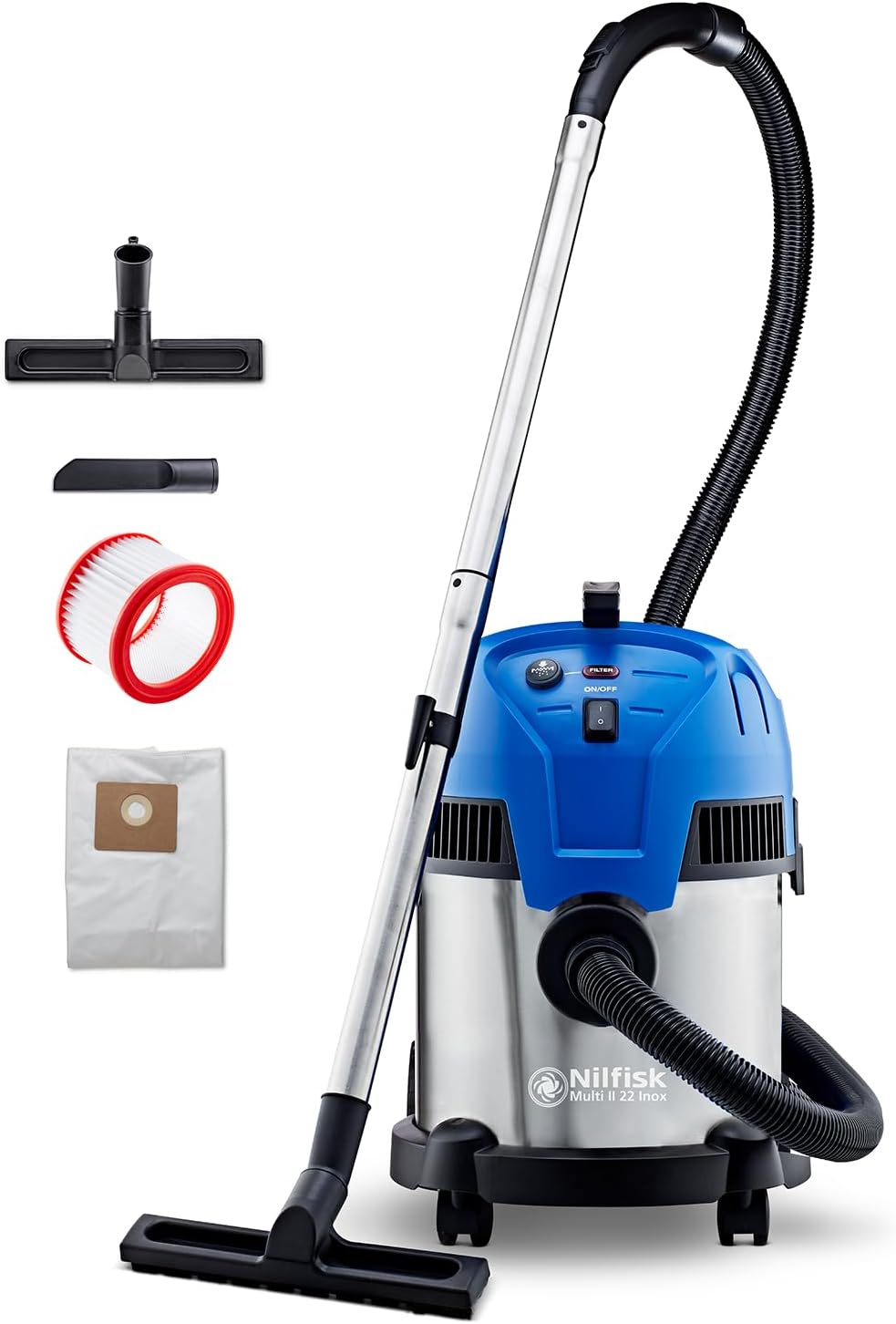 Nilfisk Multi II 22L Inox Stof- en waterzuiger voor huis, tuin en auto - krachtige nat- en droogzuiger voor binnen en buiten (1200 W)