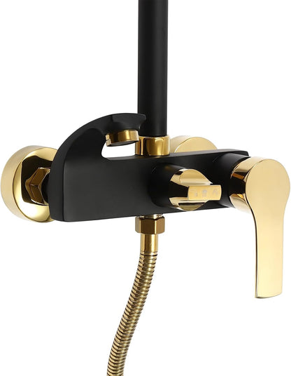 OUKANING Shower Faucet with Rain Shower, Brass Stainless Steel and ABS, Shower System Shower Set, 3 Water Outlet Modes, Indoor Housewarming Gift (Black, Gold) - QUORE