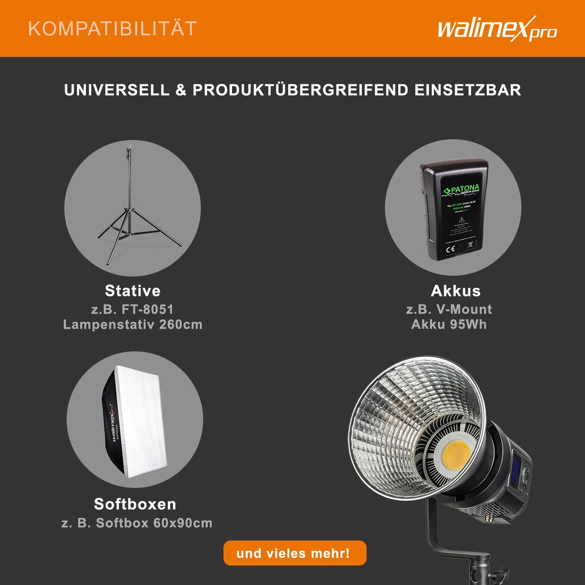 Walimex pro Niova Compact Bi Color dimbare LED-videolamp met Bowens-reflector, studiolicht met COB LED-technologie, 3000-6500 K, CRI=95+, lichtsterkte verstelbaar van 10-100%, 120W